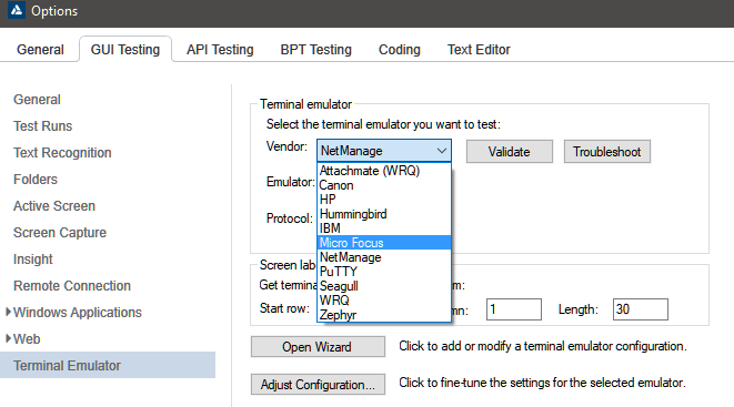 UFT Terminal Emulation Support